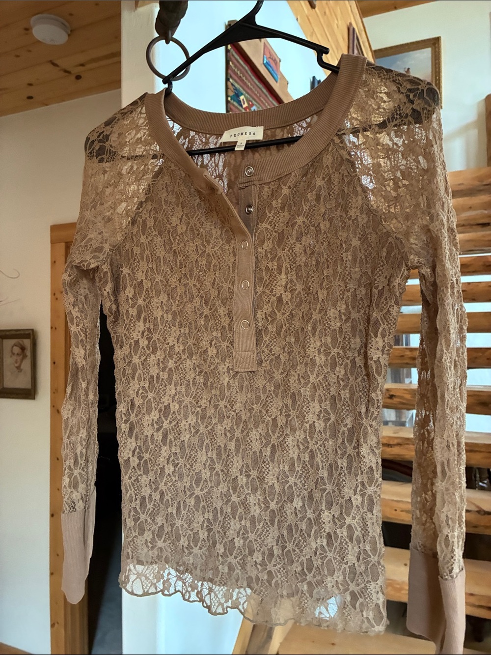 Promesa Taupe Lace Henley Long Sleeve Top - Sheer Floral Knit